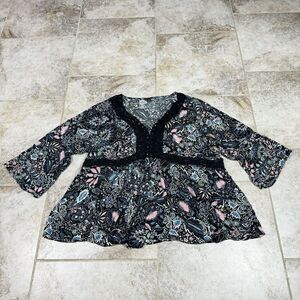 TORRID Floral Top Womens Size 5 Cottagecore Boho Black Crochet Lace 1/4 Sleeve